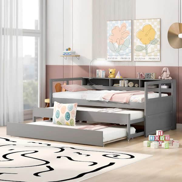 Polibi Gray Twin XL Wood Daybed with 2 Trundles, 3 Storage Cubbies, 1 Light for Free and USB Charging Design