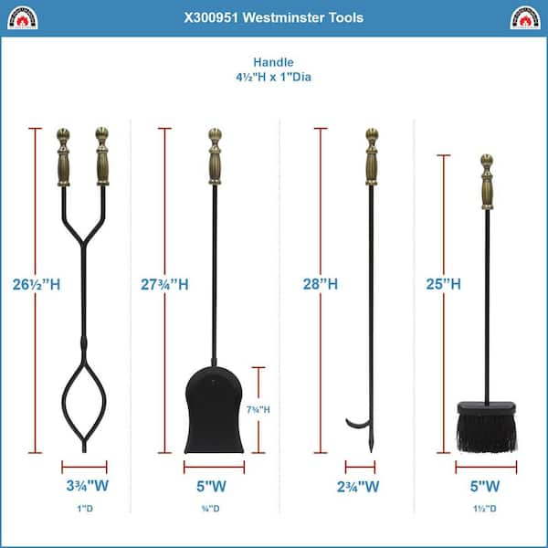 30 in. Tall 5-Piece Black and Antique Brass Westminster Fireplace Tool Set