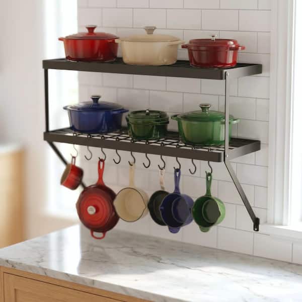 Matte Black 30 in. Wall Mount Rectangular Pot Rack for Kitchen 2-Tier with 12 Hooks