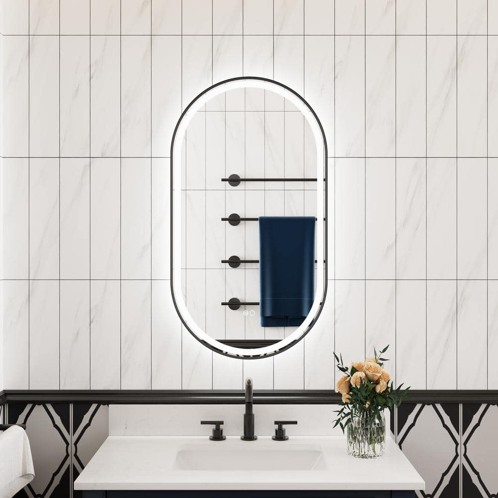 HELIO 20 in. W x 36 in. H Oval Framed LED Dimmable Anti-Fog Wall Bathroom Vanity Mirror in Matte Black price history on PriceWatchPro