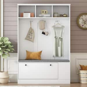 47.2 in. Wide White Hall Tree with Shoe Storage Bench, 3 Sturdy Hooks and Storage Shelves