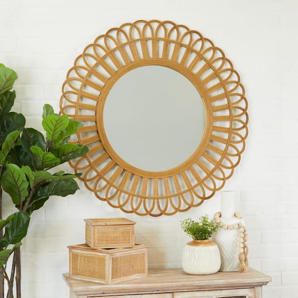 Litton Lane 35 in. x 35 in. Round Framed Brown Starburst Wall Mirror