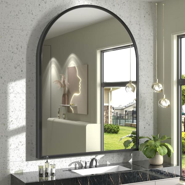 Apmir 36 in. W x 48 in. H Arch Aluminum Alloy Framed and Tempered Glass Wall Decor Bathroom Vanity Mirror in Matte Black