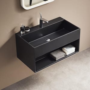 24 in. Wall-Mount Bathroom Solid Surface Vanity with Storage Space in Matte Black