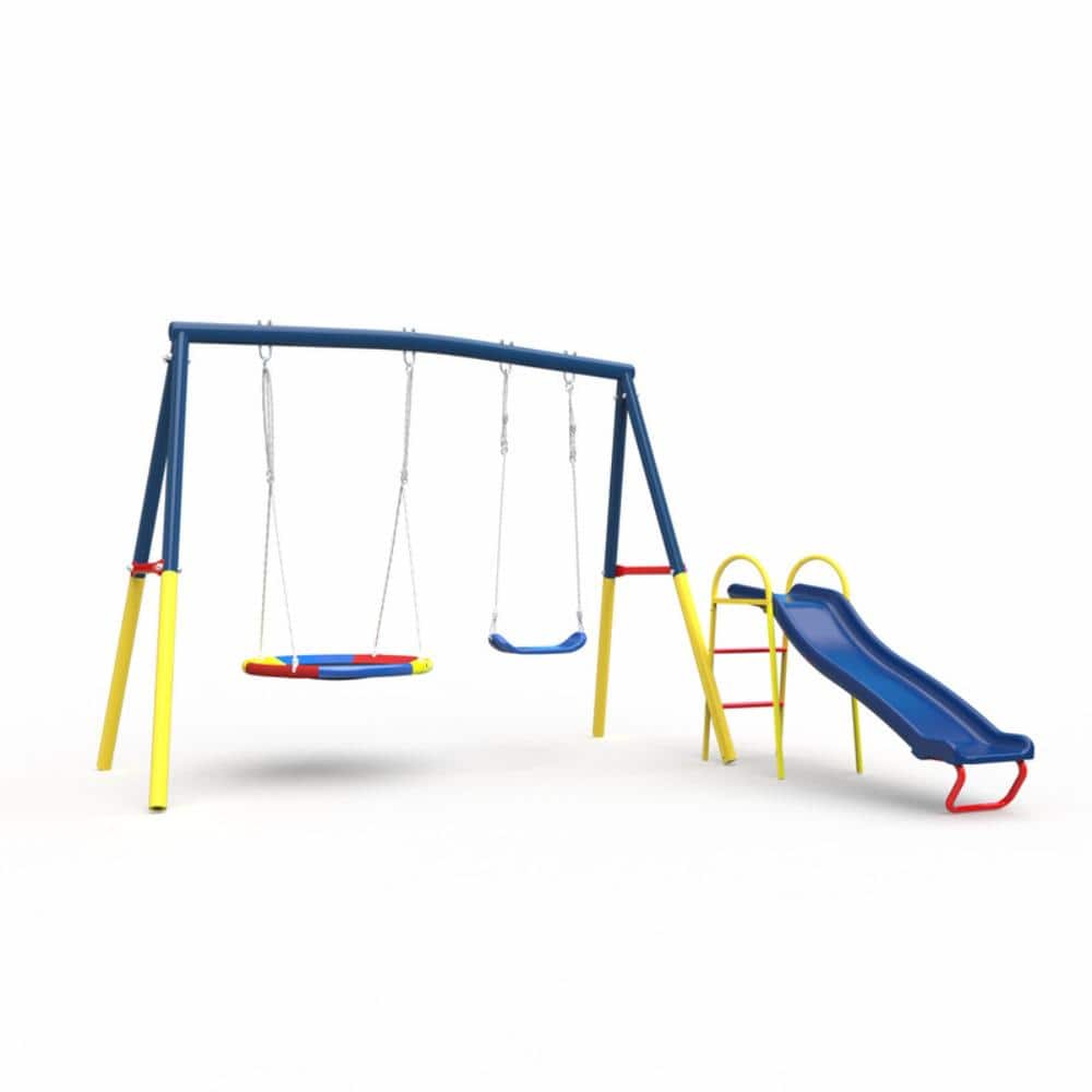 3-in-1 Backyard Patio Swing Set with Slide, Saucer and Belt Swings, Heavy-Duty Metal Playset for Outdoor Play, Blue price history on PriceWatchPro