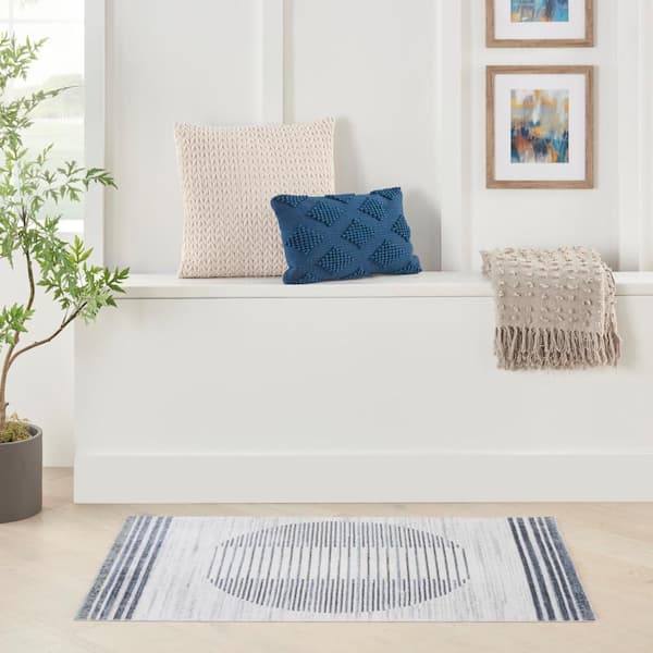 Astra Machine Washable Ivory Blue 3 ft. x 5 ft. Linear Contemporary Kitchen Area Rug
