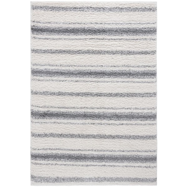 Border and Stripe Shag 4 ft. x 6 ft. Ivory/Gray Faded Striped Area Rug