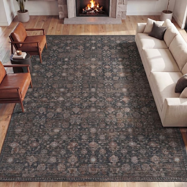 Petunia Distressed All-Over Floral Border Non-Slip Machine-Washable Rust/Charcoal 9 ft. x 12 ft. Area Rug