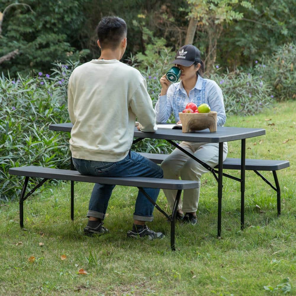 Gray Foldable Plastic and Steel Outdoor Picnic Table Set