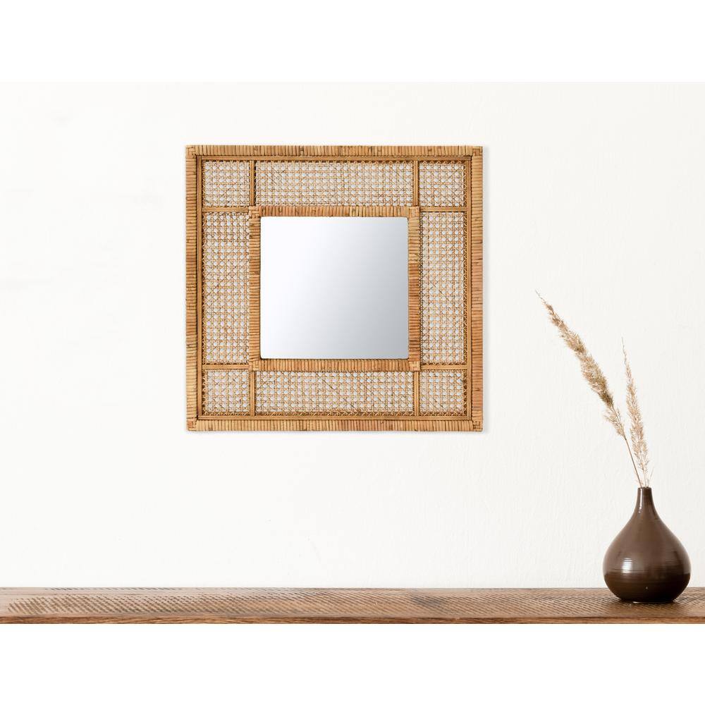 Boho Chic 26" Natural Rattan and Wood Square Wall Mirror