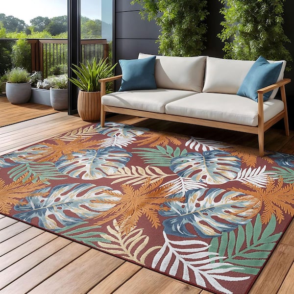Jungle Red 9 ft. x 12 ft. Washable Tropical Floral Indoor Outdoor