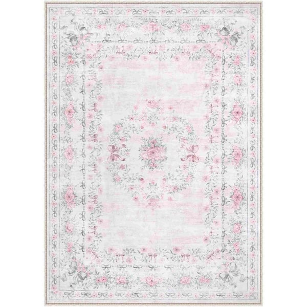 Boho Vintage Floral Plant Washable Pink Stain Resistant Non Slip Backing 5 ft. x 7 ft. Area Rug