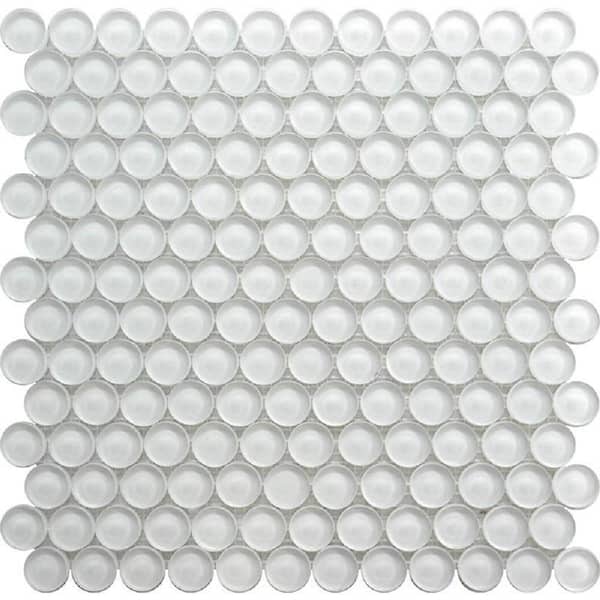 White 12 in. x 12 in. Penny Round Polished Glass Mosaic Tile (5-Pack) (5 sq. ft./Case)