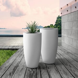 13.39 in. x 23.62 in. Round Pure White Lightweight Concrete and Fiberglass Planters with Drainage Holes (Set of 2)