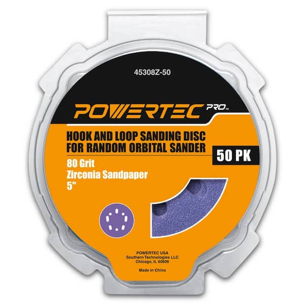‎POWERTEC 5 in. Sanding Discs Hook and Loop, 80 Grits, Zirconia Orbital Sander Sandpaper for Random Orbital Sanders (50-Pack)