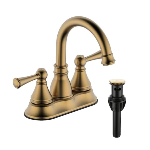 UPIKER Sadira 4 in. Centerset Double Handle High Arc Bathroom Faucet with Push-Up Pop-Up Drain in Brushed Gold