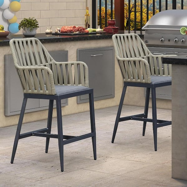 PURPLE LEAF Modern Aluminum PE Rattan Patio Outdoor Bar Stool with Backrest and Grey Cushion (2-Pack)