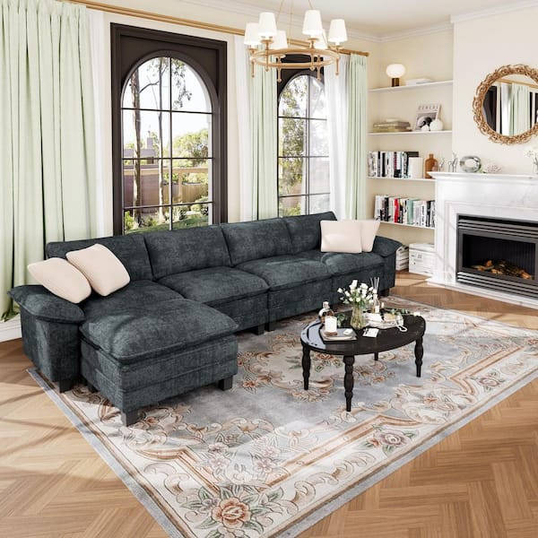 157.5 in. Flared Arm 5-Seat Chenille Modular Sectional Sofa in Cerulean-Dark-Cyan with Throw Pillows and Ottoman