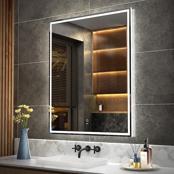 KWW 32 in. W x 40 in. H Large Rectangular Frameless Dimmable Anti-Fog Wall Bathroom Vanity Mirror in Silver