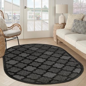Easy Care Charcoal Black 6 ft. x 9 ft. Trellis Contemporary Oval Area Rug