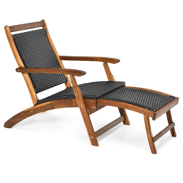 SUNRINX Brown Wood Foldable Outdoor Chaise Lounge with Retractable Footrest