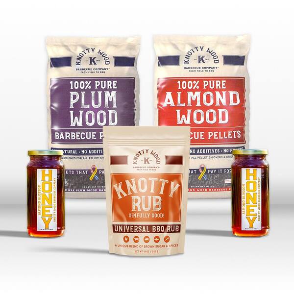 Knotty Wood Barbecue Company Lbs Almond Wood Lbs Plum Wood Grilling Pellets 2 Jars Honey And Rub Ultimate Knotty Bundle Special Kwbbq1a1p2h007 The Home Depot