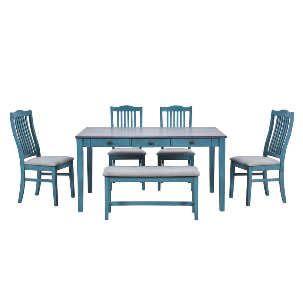 Antique Blue 6-Piece Wood Dining Set with Slat Back Chairs and Bench