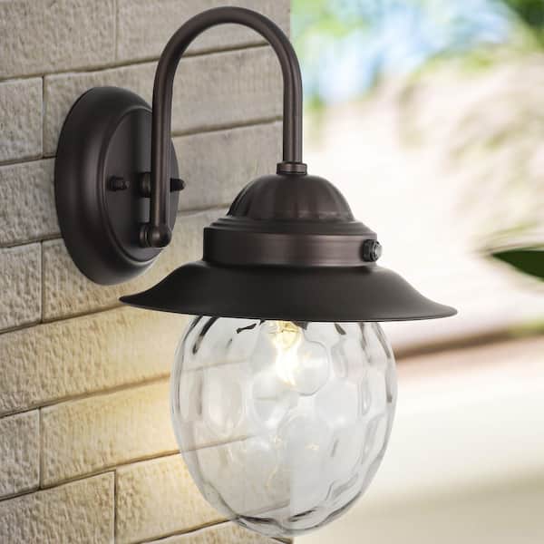 JONATHAN Y Rodanthe 8.25 in. 1-Light Outdoor LED Farmhouse Industrial Iron/Glass Wall Lantern Sconce, Oil Rubbed Bronze/Clear