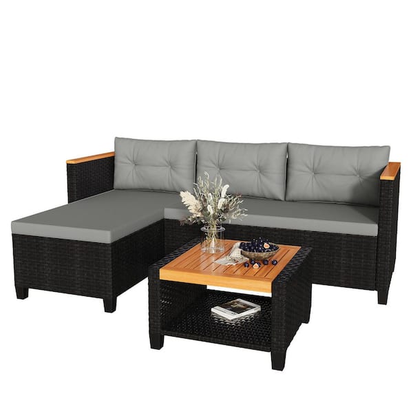 Grey 3-Piece L-Shaped Wicker Patio Set with Cushions and Table
