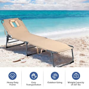 Beige Foldable Metal Outdoor Lounge Chair Adjustable Folding Recliner Beach Patio