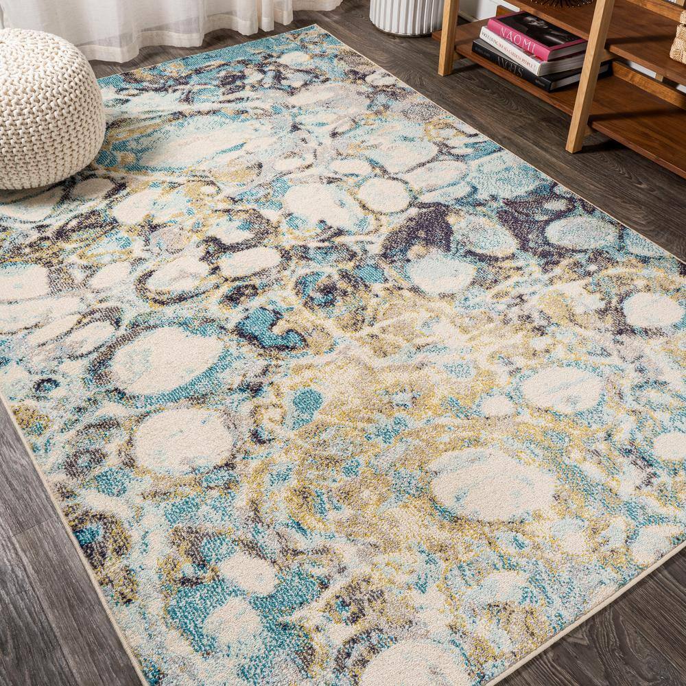 Pebble Blue and Beige Marbled Abstract Runner Rug