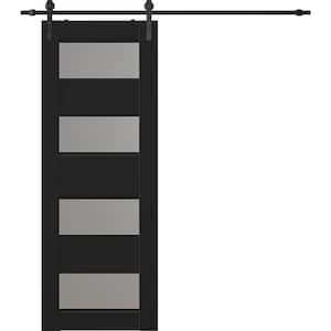 Della 28 in. x 80 in. 4-Lite Frosted Glass Black Matte Wood Composite Sliding Barn Door with Hardware Kit