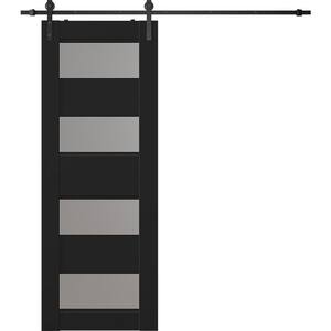 Della 32 in. x 96 in. 4-Lite Frosted Glass Black Matte Wood Composite Sliding Barn Door with Hardware Kit