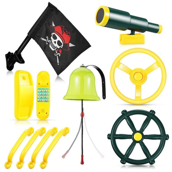Nautical Themed Swing Set Accessories with Steering Wheels, Telescope, Telephone, Bell, Pirate Flag (Yellow, Green)