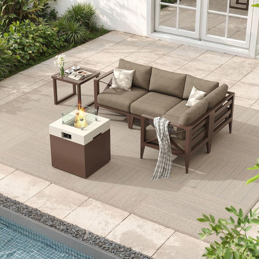 Building Pit Set Maison Backyards Brown 6-Piece Aluminum Patio Fire Pit Set with Brown ...