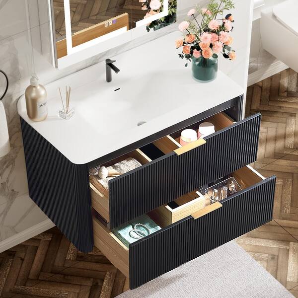 AZDHOME 36 in. Wall-Mounted Bathroom Vanity in Black with Solid