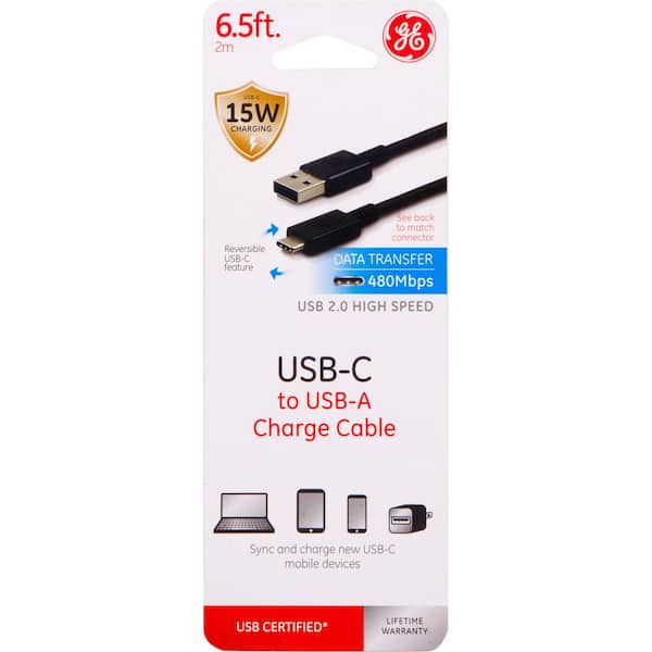 GE 6.5 ft. USB-C to USB-A Charge and Sync Cable, Black 33780 - The