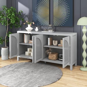 60 in. Modern Large Storage Sideboard with Artificial Rattan Door and Metal Handles for Living Room and Entryway, White