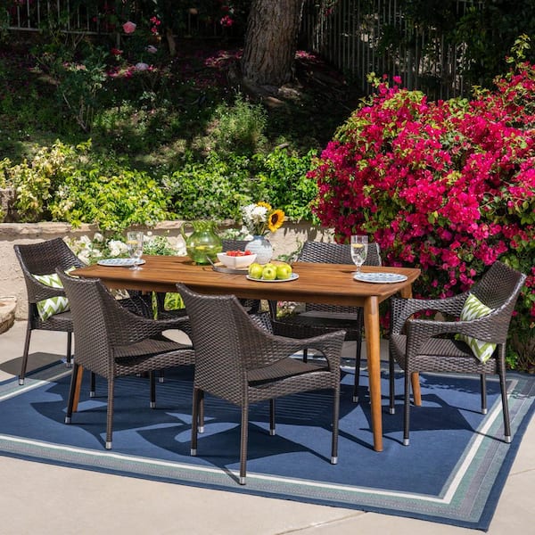 Noble House Ivan 7-Piece Wood and Faux Rattan Outdoor Dining Set with Stacking Chairs