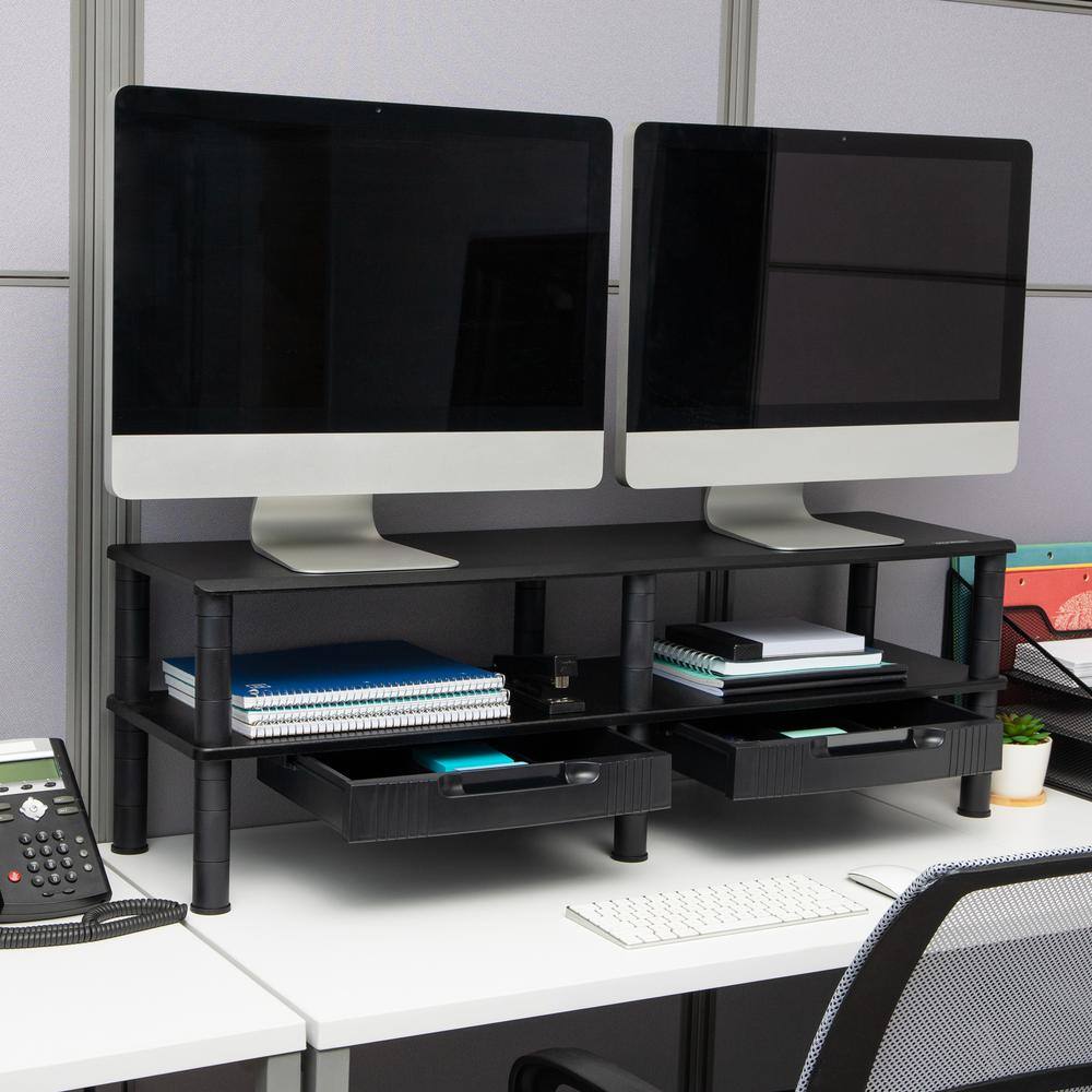 Black Dual Monitor Stand with Storage Shelves and Drawers
