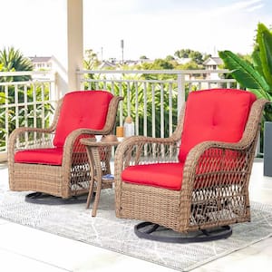 3-Piece Yellow Wicker Outdoor Rocking Chair Set with Red Cushions Patio Conversation Set