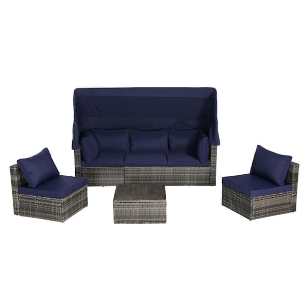 Tenleaf 5-Piece Wicker Patio Conversation Set with Dark Blue Cushions, Retractable Canopy, Storable Side Table