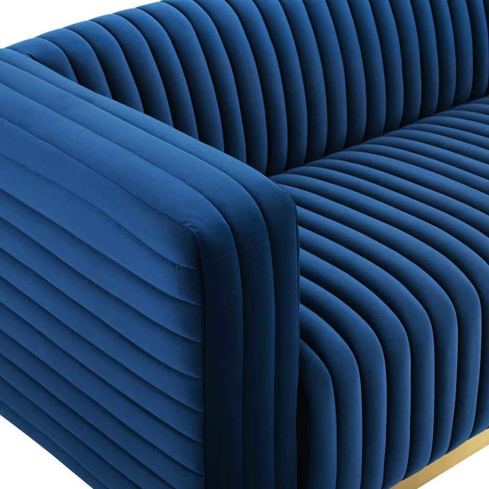 Navy Velvet Tufted Tuxedo Sofa with Gold Stainless Steel Base, 96.5"