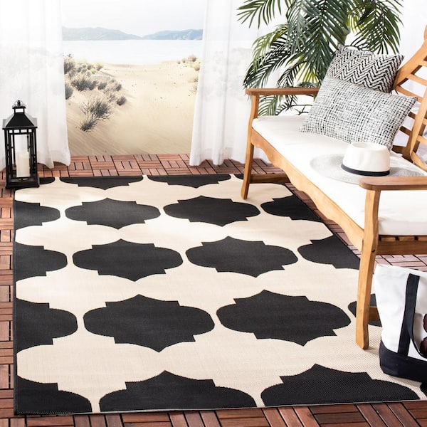 Courtyard Beige/Black Doormat 3 ft. x 5 ft. Geometric Indoor/Outdoor Patio Area Rug