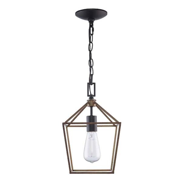 Home Decorators Collection Weyburn 1-Light Black and Faux Wood Farmhouse Mini Pendant Light Fixture with Caged Metal Shade