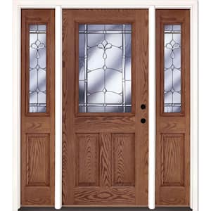 63.5 in. x 81.625 in. Carmel Patina 1/2 Lite Stained Medium Oak Left-Hand Fiberglass Prehung Front Door with Sidelites