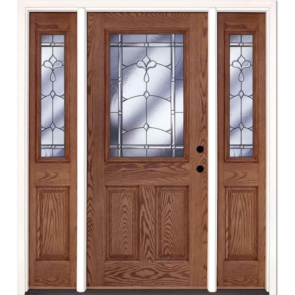 Feather River Doors 63.5 in. x 81.625 in. Carmel Patina 1/2 Lite Stained Medium Oak Left-Hand Fiberglass Prehung Front Door with Sidelites