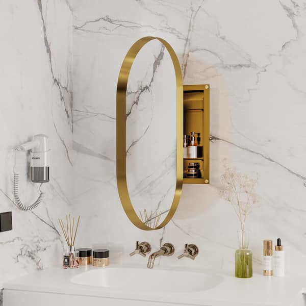 Unbranded 20 in. W x 33 in. H Oval Wall Mirror, Recessed Bathroom Wall Mirrored Cabinet, Metal Framed Home Decor Mirror, Gold