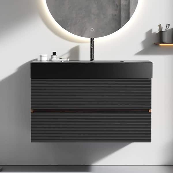 Aaby 36 in. W x 18 in. D Wall Mounted Floating Bath Vanity Cabinet in Black with Black Solid Surface Top and Sink