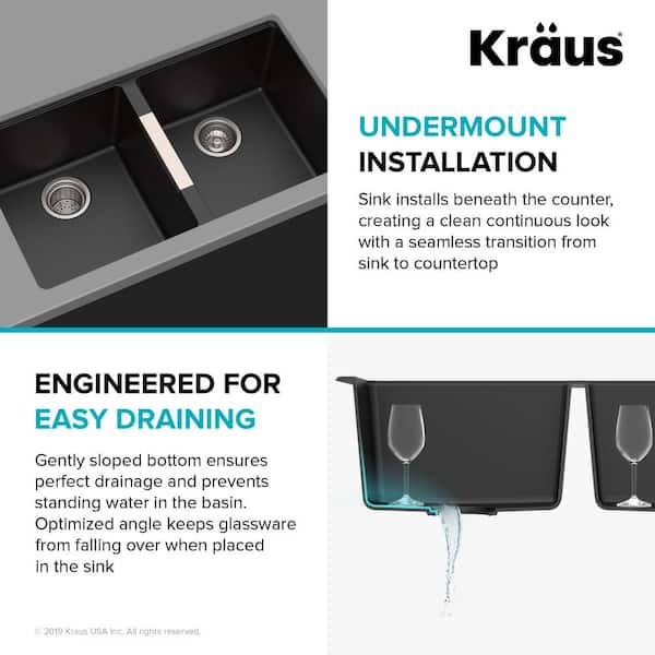 Kraus KGU-413B-100-75MB Black Onyx Quarza 30-1/2 Undermount Single Basin  Granite Kitchen Sink with Basket Strainer and Garbage Disposal 